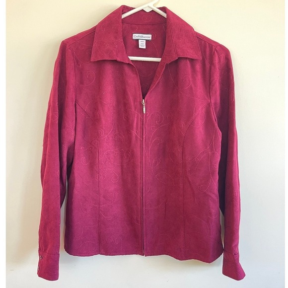 croft & barrow Jackets & Blazers - Croft & Barrow Womens Petite M Burgundy Embroidered Zip Up Jacket Faux Suede